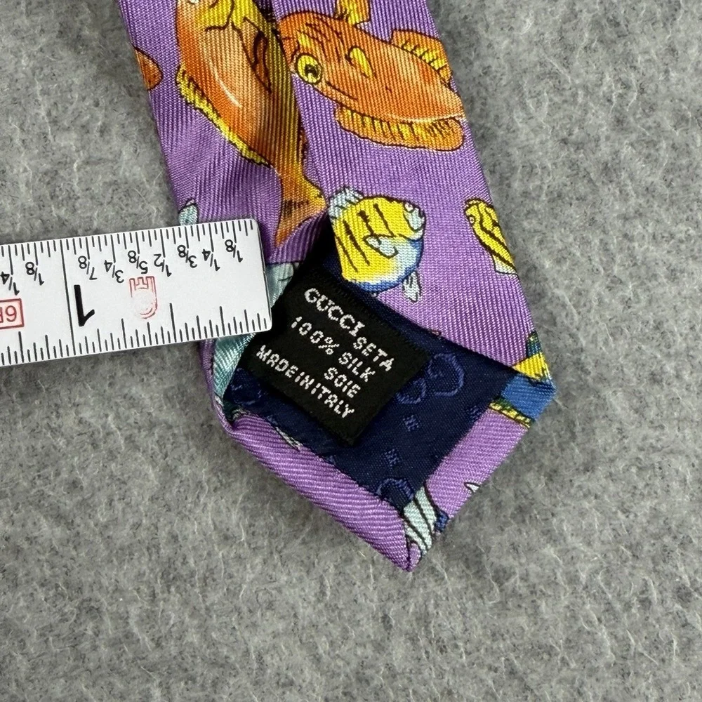 Vintage Gucci Tropical Fish Silk Tie Purple Novelty Made Italy Designer 56x3.75